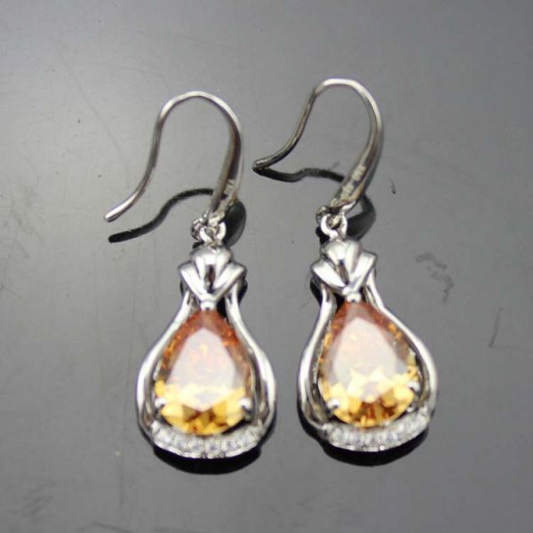 925 Sterling Silver 8mmx10mm Pear Shaped Champagne Cubic Zircon Earrings(PSJ04511)