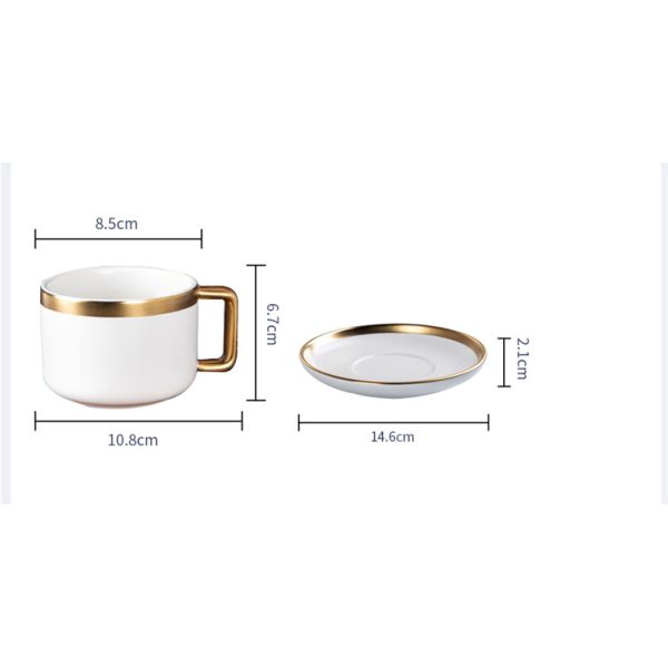 Matte White Ceramic Porcelain Coffee Tea Cups Saucers Sets With Gold Handle 250ml Volume