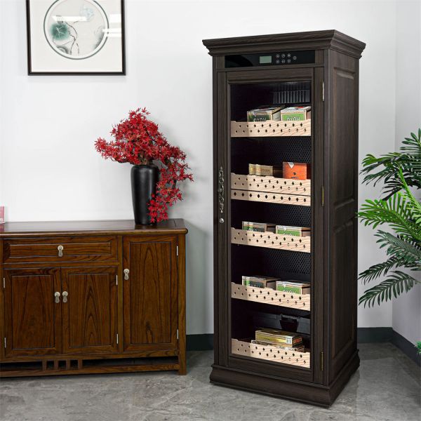 Premium Quality Dark Brown Solid Wood Frame Cigar Cooler Humifier With Locker