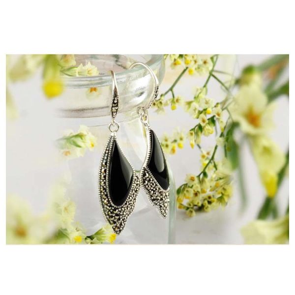Sterling Silver Black Onyx Drop Earrings Wing Style Women Jewelry ( E019362BLACK)
