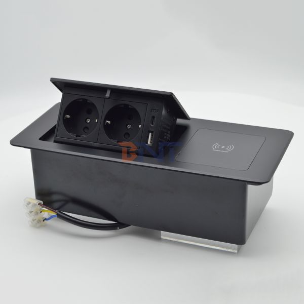 Desktop Tabletop Power Outlet Hidden Charging Sockets Multi-Connection Pop-Up Socket featuring Wireless Charging EU plug