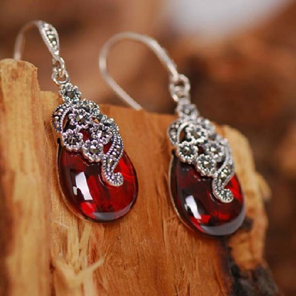 Retro Jewelry Thai 925 Silver with Marcasite Garnet Earrings(LR1036RED)