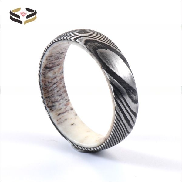 Etched Wedding Damascus Steel Rings 6mm 8mm With Deer Antler Sleeve Inlay