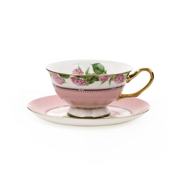 Pink Floral Design Porcelain Cups Decal Luxury Coffee Tea Cup And Saucer With Colorful Rim