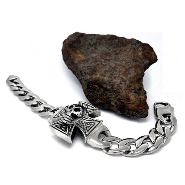 Gothic Skull Cross Stainless Steel Id Bracelet for Men Vintage Old Metal Finishing (JCE456)