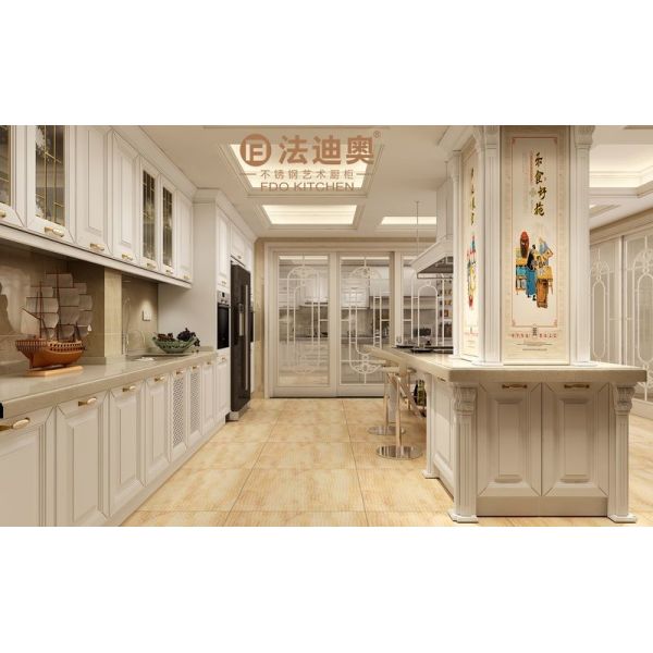 Modern White Stainless Steel Kitchen Cabinet With Profile Door Panel And Gold Handles