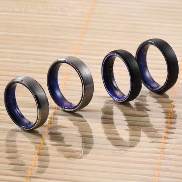Gender Unisex Stylish Jewelry Gift Classic 6mm Beveled Tungsten Ring Black or Silver Plated with Blue Purple Wood Inside
