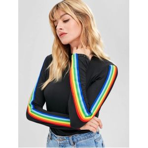 New Fashion Rainbow Stripe Long Sleeve Cotton T Shirt