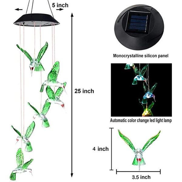 2700K Solar Hummingbird Wind Chime Solar Sensor 60 lm/w