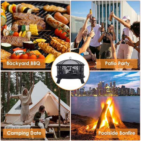 Round Metal Fire Bowl Outside Metal Barbecue Fire Pit With Spark Screen Fire Poker