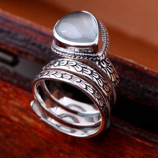 925 Sterling Silver Synthetic Aquamarine Women Retro Ring (060458)