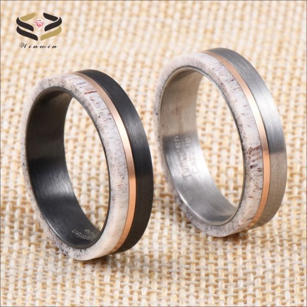 Occasions Christmas/ Year/Father's Day Men's Customized Handmade Black Tungsten Inlay Deer Horn Antler Wedding Band Ring