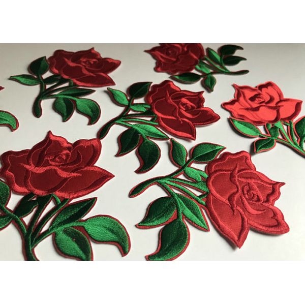 Flower Embroidered Iron On Appliques , Large Red Rose Floral Patches For Clothes