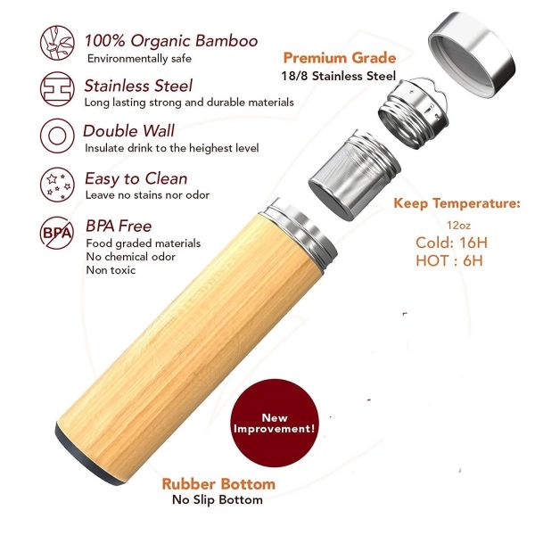 Tumbler Coffee Stainless Steel Double Wall Bamboo Travel Mug 450ml With Bamboo Lid