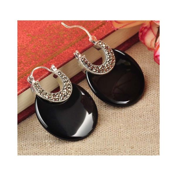 Sterling Silver Black Agate Hoop Earrings(XH021046W )