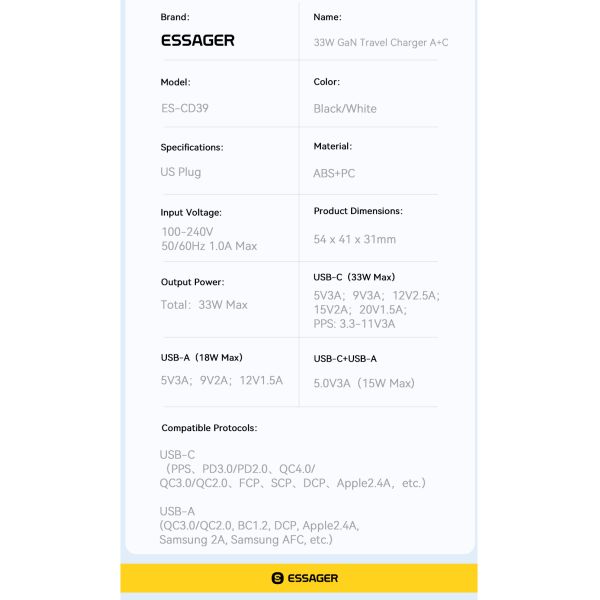 ESSAGER ES-CD39 33W 2 Ports PD Gan Charger 30W USB C Power Adapter