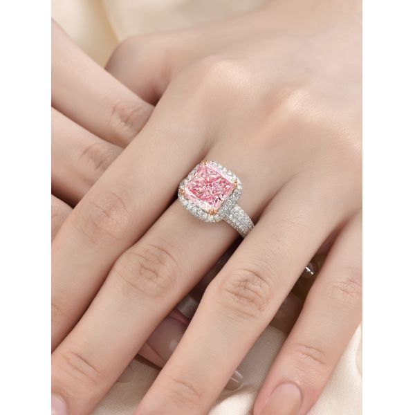 Large Size 5.33ct Main Stone Lab Pink Cushion Diamond Ring 18k White Gold