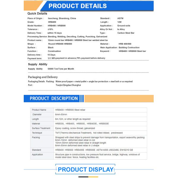 ASTM JIS Hrb400 Steel Rebar In Bundles 8mm 10mm 12mm for Ground soils