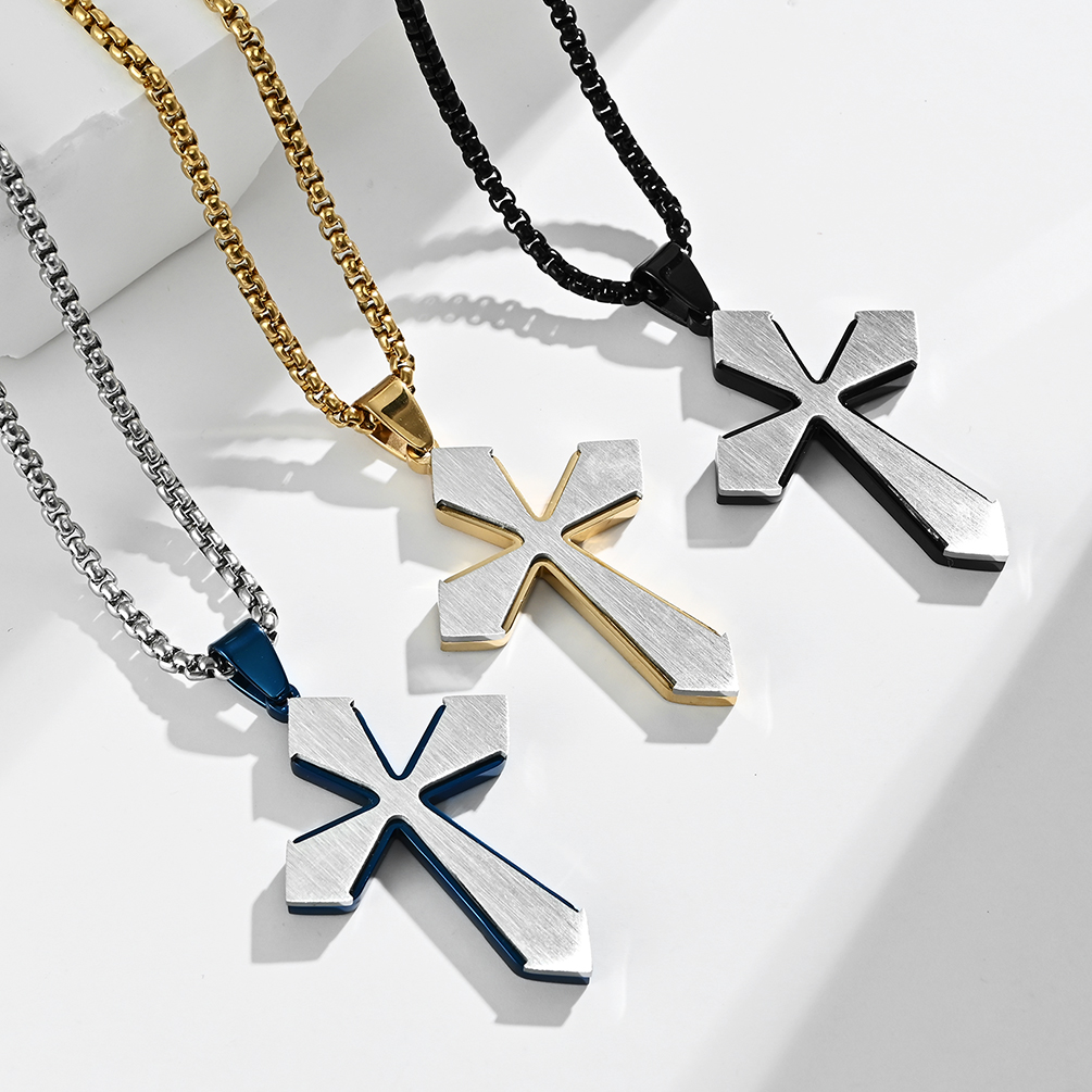 Men's Cross Pendant Necklace in Black Satin and Stainless Steel Unique Style