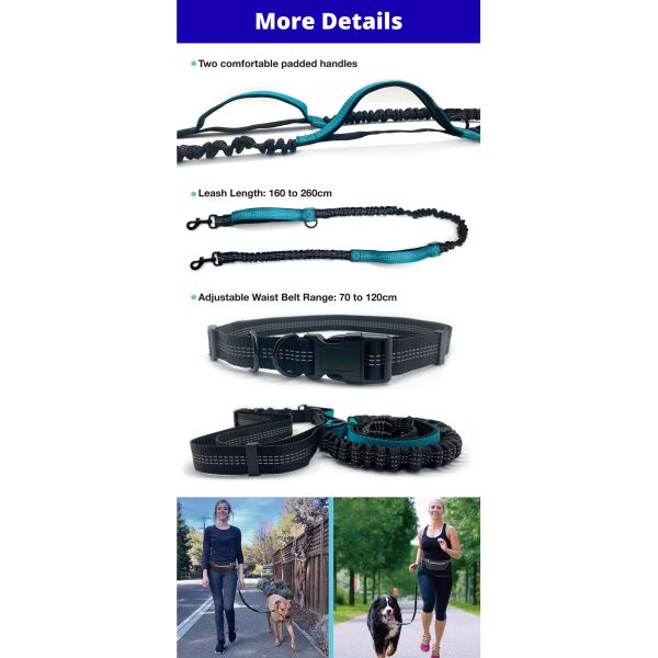 Dual Handle Elastic Bungee Hands Free Dog Running Leash With Adjustable Waist Belt