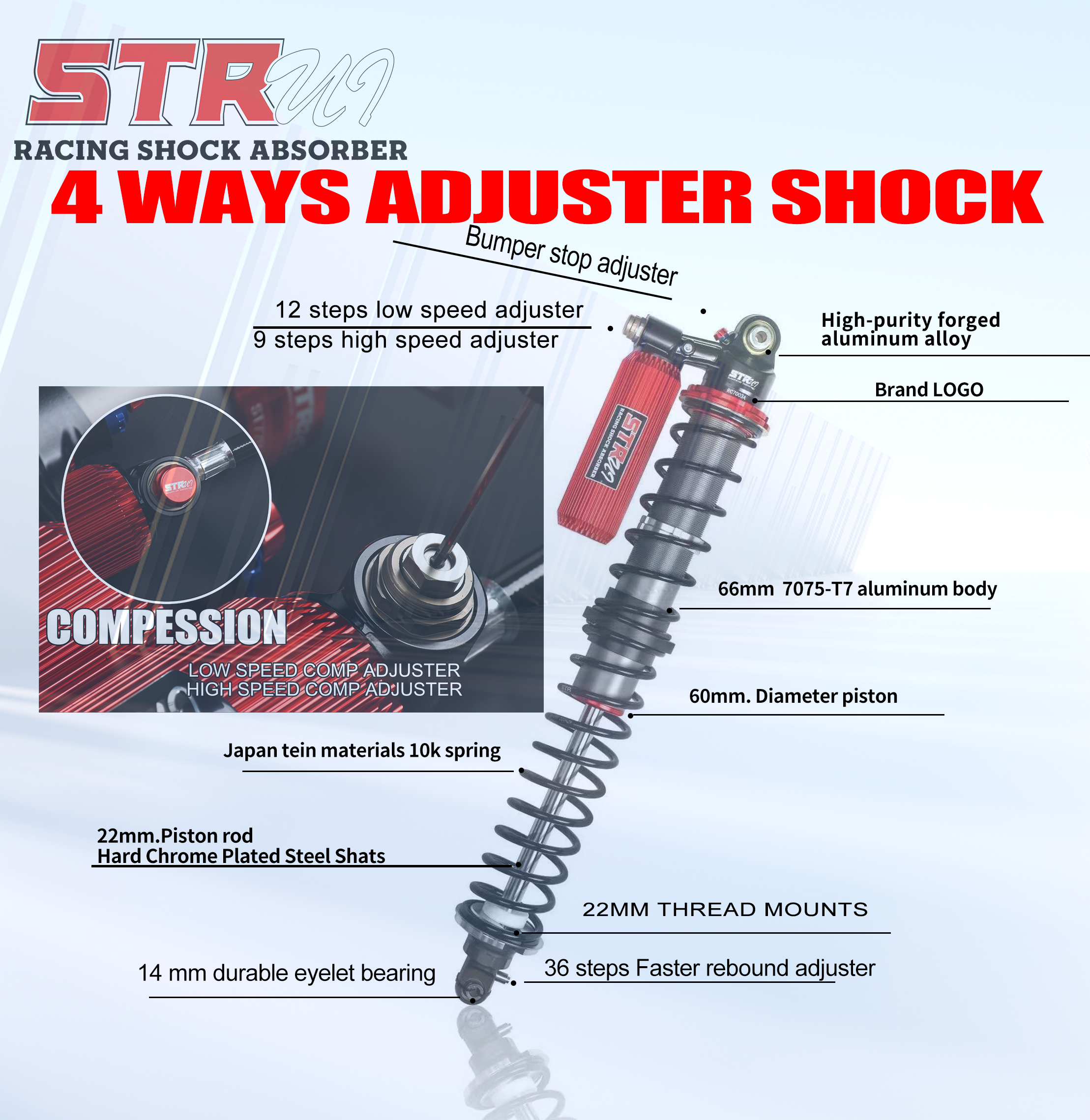 4 Way Adjustable Piggyback Coilover Shock 10"-16" DSC Shock Dual System