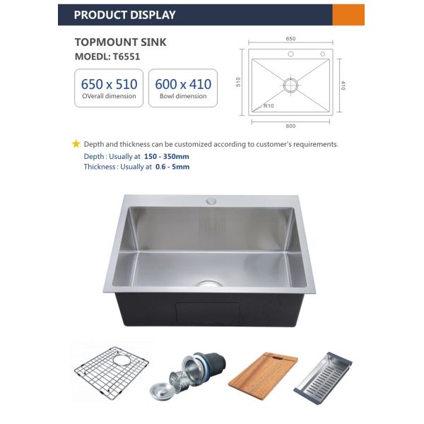 Cabinet Top Mount Stainless Steel Farmhouse Sink 16 Gauge 65x51