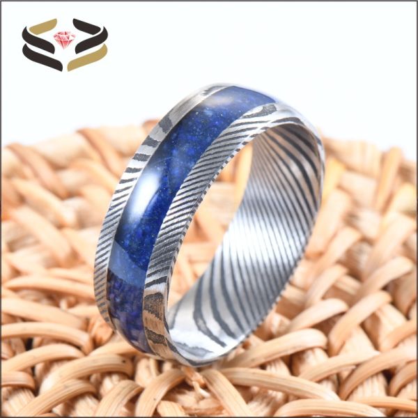 Men'S Damascus Steel Wedding Band Third Party Appraisal 8mm With Lapis Lazuli Inlay