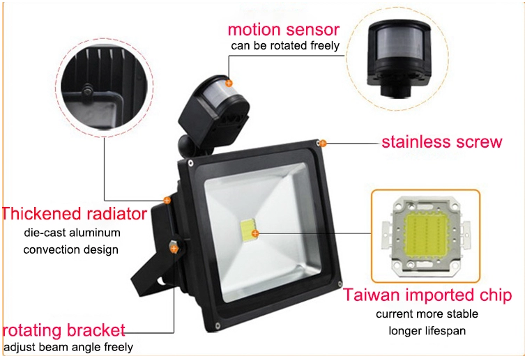 Motion Sensor IP65 Outdoor LED Flood Light 10W 20W 30W 50W With CE ROHS