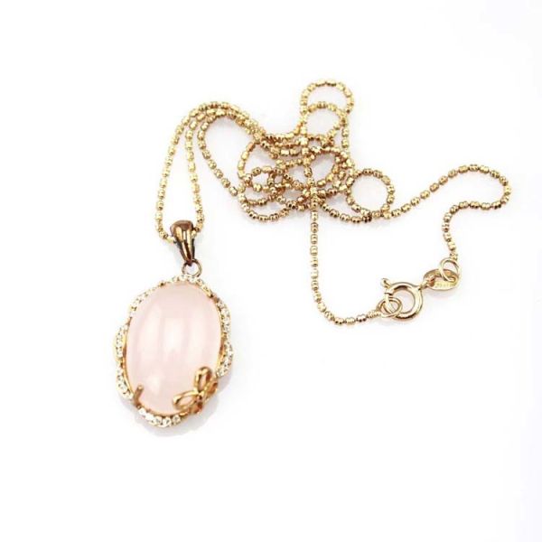 Rose Gold Plated Sterling Silver Oval 14mmx20mm Rose Quartz Pendant Necklace (PSJ0260)
