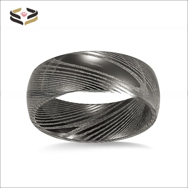 Men 8mm Damascus Steel Wedding Band Dome Finished Pearl Type Included Half Size Gun Color Plated