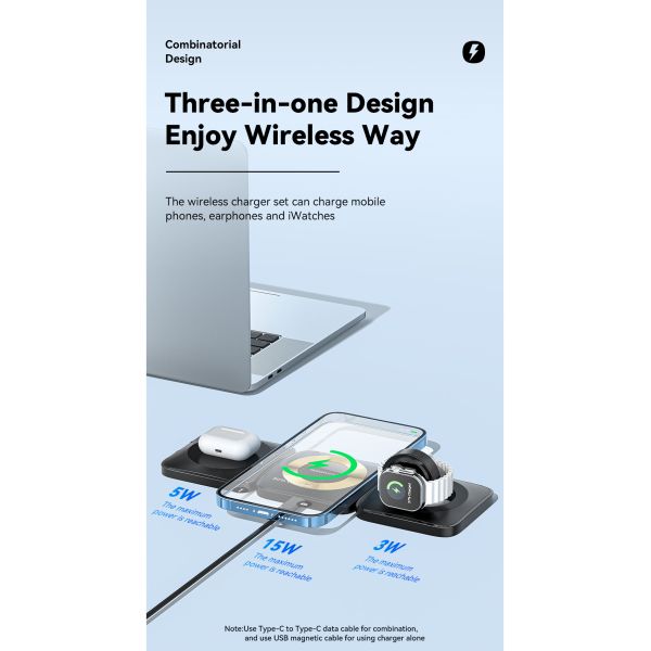 ESSAGER Waves 3 in 1 Wilress Charger 15W Best Fast Charging Wireless Phone Charger