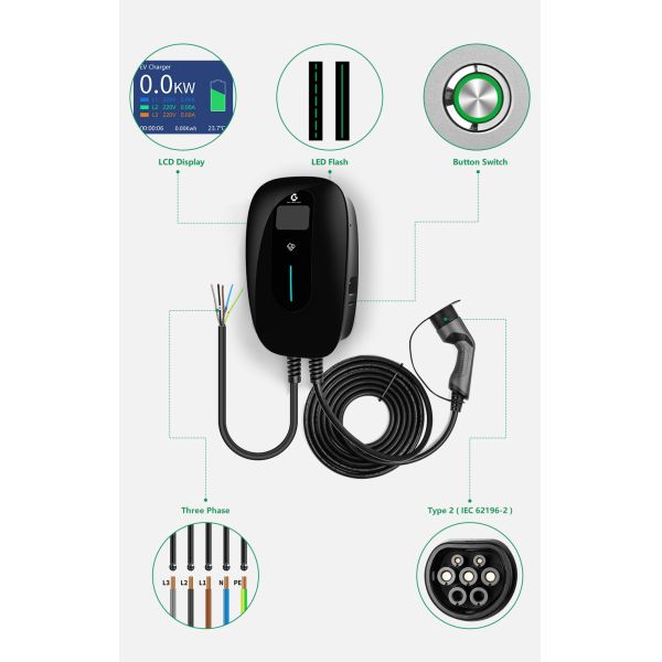 22kW Mobile Electric Vehicle Charger IP65 RFID APP Control 340*285*147mm