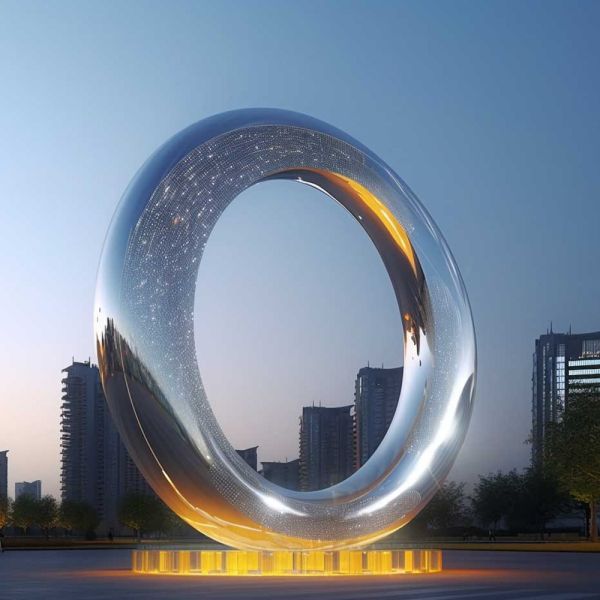 Modern Aesthetics Outdoor Mirrored Stainless Steel Ring Sculpture With Light