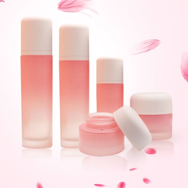 Frosted Gradient Pink Color Glass Cosmetic Lotion Pump Bottle