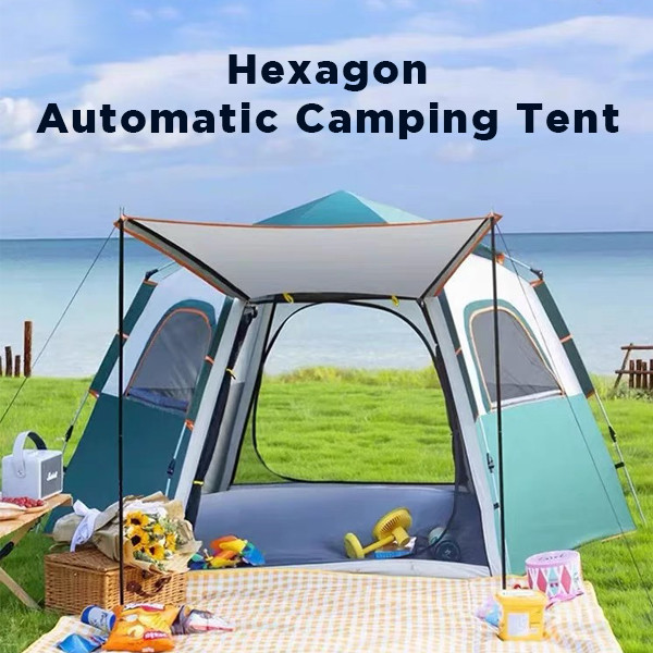 Outdoor Hexagon Camping Tent Automatic Pop Up Tents Blue Large Tents