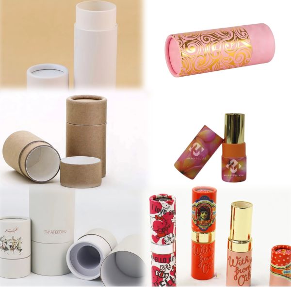 Biodegradable paper tube packaging; lipsticks and lip balms can be customized with logos.