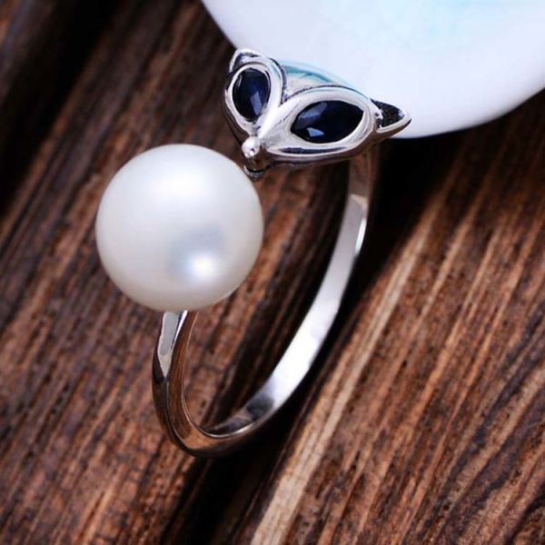 Fox Style Retro Vintage Silver Pearl Ring (057559)