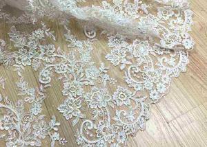 Quality Delicate Ivory Corded Lace Fabric , Floral White Embroidered Tulle Fabric For Wedding Dress wholesale