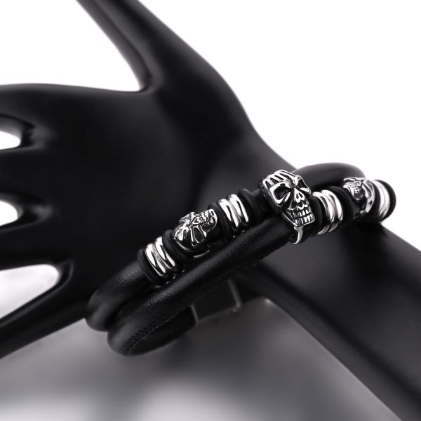 High Quality Stainless Steel Skeleton Skull Bracelet Men Vintage Jewelry Wholesale Black Leather Bracelets