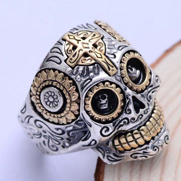 Mens Two Tone 925 Silver Skull Ring Retro Vintage Jewelry (XH052248W)