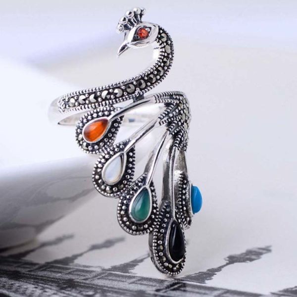 Vintage Open Adjustable Thai 925 Silver Multicoloured Gemstone Marcasite Ring(059070)