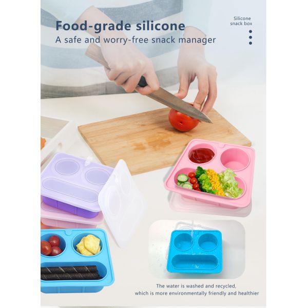 Blue Silicone Divided Snack Box with Lids BPA-Free Leak-Proof Eco-Friendly Microwave Dishwasher Safe for Kids Adults OEM