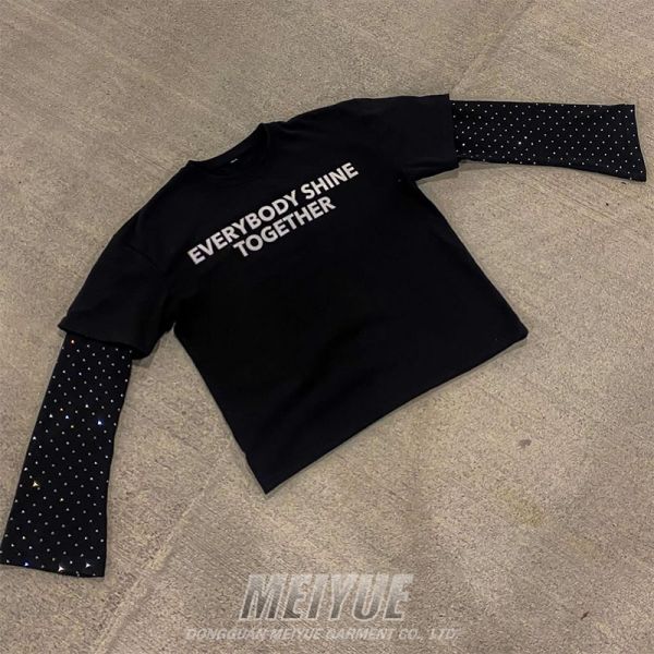 Custom Screen Print Logo Double Layer Rhinestone Long Sleeve Boxy Tshirt Distressed Tee Men Vintage Sweatshirt T Shirt for Men