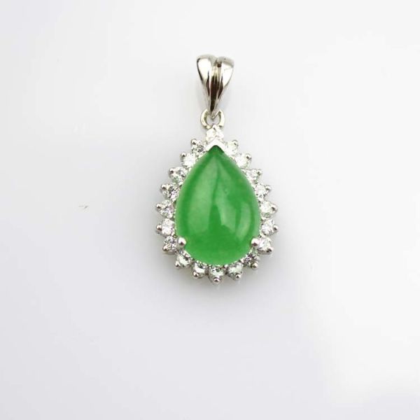 Women Jewelry 925 Silver Pear Shaped Green Jade Cubic Zirconia Pendant Necklace (FP036)