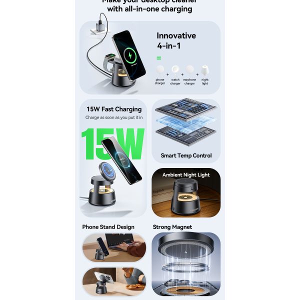 ESSAGER OJD-132 Foldable 4 In 1 15W Magnetic Wireless Charger Stand Station With Led Light For Watch Earphone Phone