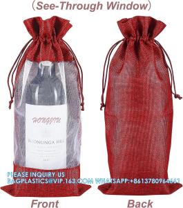 China Organza Gift Bags, Jute Red Wine Bags, Burlap Bottle Pack 750ml With Sheer Window Organza Hessian Drawstring Bags on sale
