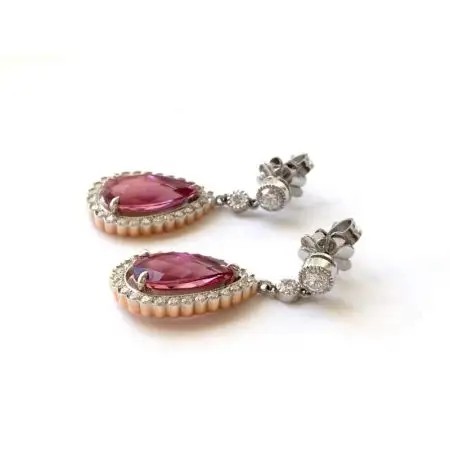 S925 Yellow Gold Plated Natural Pear Shaped Pink Tourmaline Earrings Halo CZ