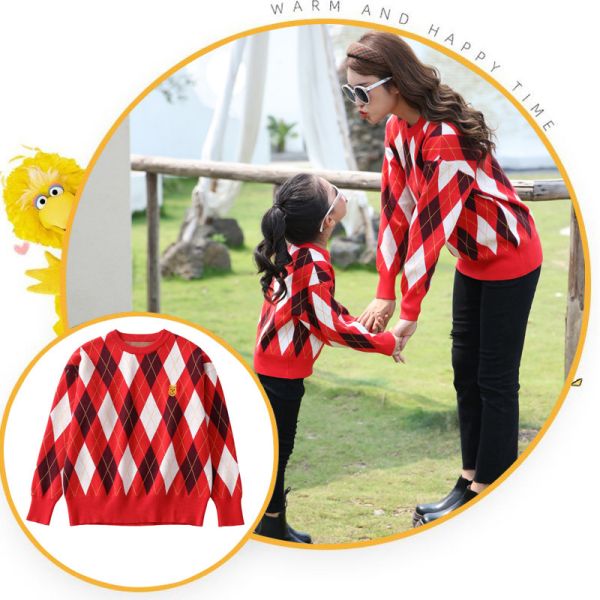 Stylish Pullover Parent-Child Sweater with Long Sleeve and Embroidery Accents for Winter season