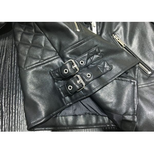 Pleather Biker Zip Through Placket Ladies PU Jacket , Black PU Coat For Winter