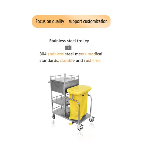 High Capacity Hospital Stainless Steel Trolley With Dirt Bag And Brake Casters Ss Dressing Trolley